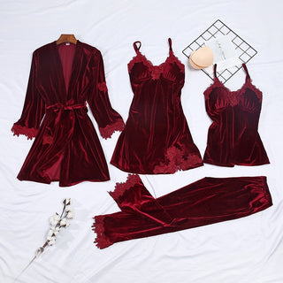 Buy burgundy Autumn Winter Velvet Nightwear 4PCS Female Pajamas Set