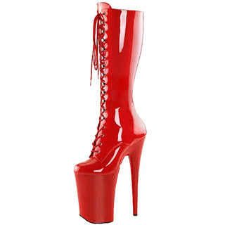Buy red 20cm Sexy Fetish Stiletto Heel Vintage Boots Knee High Lace-Up Fashion Steel Pipe Dance Shoes Platform Autumn Women Plus Size 46