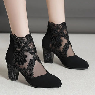 Buy black 2023 New Fashion Women High Heels Lace Flower Ankle Strap Hollow Out Sandals Round Toe Zip Pumps Zapatos De Mujer
