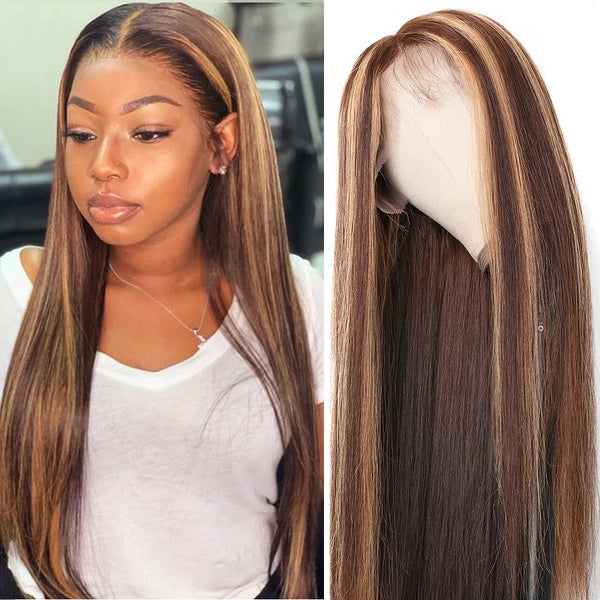 13x4 Highlight Lace Front Human Hair Wig Honey Blonde Brown