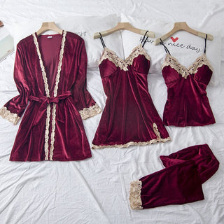 Buy burgundy-c Autumn Winter Velvet Nightwear 4PCS Female Pajamas Set