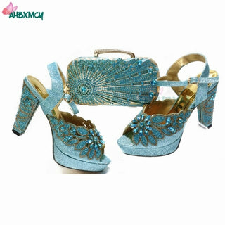 Buy sky-blue 2021 New Arrivals Autumn African Women Shoes and bag set in Coffee