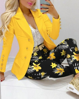 Buy yellow-print Long Sleeve  Office Lady Two Piece