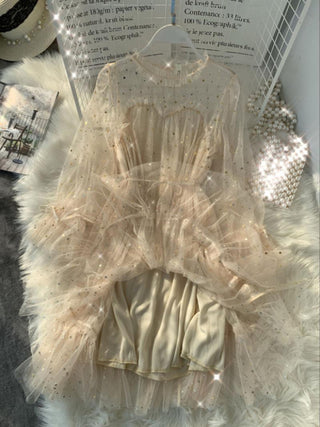 Buy beige 2022 New Female O neck Stars Sequined Mesh Shiny Fairy Dress Women