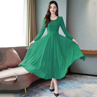 Buy green 2022 Vintage Solid Long Sleeve Maxi Dresses Autumn Winter 3XL Plus