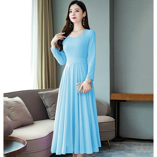 Buy sky-blue 2022 Vintage Solid Long Sleeve Maxi Dresses Autumn Winter 3XL Plus