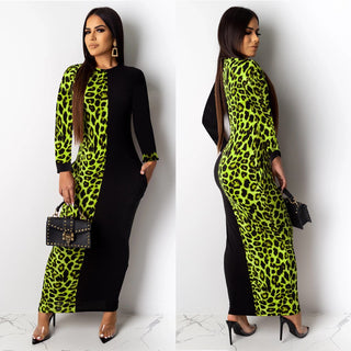 Buy green-long-sleeve Leopard Print Bodycon Long Maxi Dress