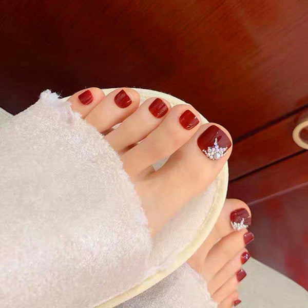 24pcs Fake Toe Nail Silver Red Rhinestone Foot Artificial Nails False