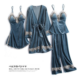 Buy gray-d Autumn Winter Velvet Nightwear 4PCS Female Pajamas Set