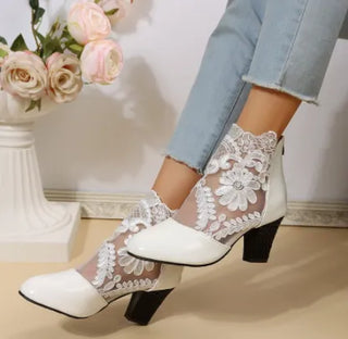 Buy white 2023 New Fashion Women High Heels Lace Flower Ankle Strap Hollow Out Sandals Round Toe Zip Pumps Zapatos De Mujer
