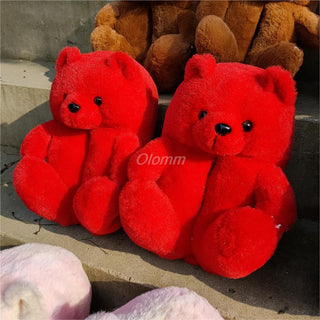 Buy red Plush Teddy Bear House Slippers Brown Women Home Indoor Soft Anti-Slip Faux Fur Cute Fluffy Home Slippers Women Winter Warm Shoe