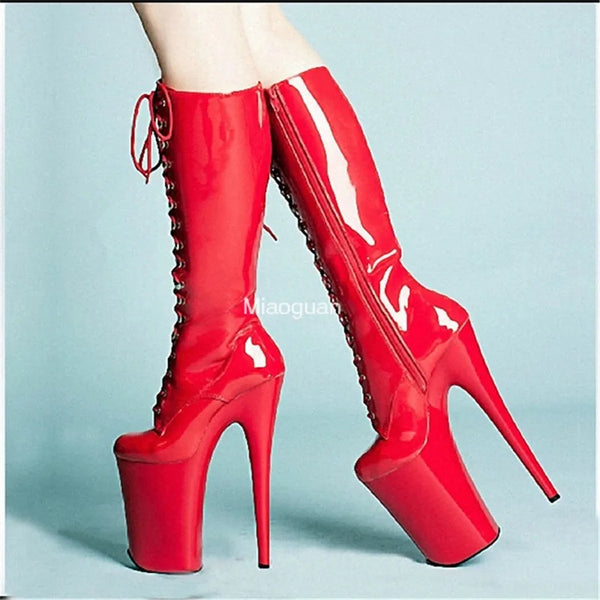20cm Sexy Fetish Stiletto Heel Vintage Boots Knee High Lace-Up Fashion Steel Pipe Dance Shoes Platform Autumn Women Plus Size 46