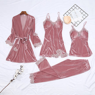 Buy pink Autumn Winter Velvet Nightwear 4PCS Female Pajamas Set