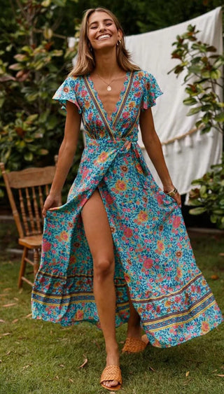 Buy green Floral Print Summer Boho Happie Dress