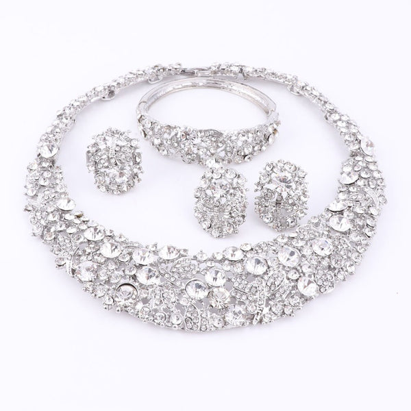 Nigerian Wedding African Beads Jewelry Sets Crystal Necklace Sets Silver Color Jewelry Set Wedding Accessories Party