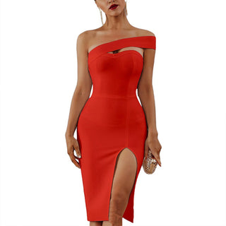 Buy red Off Shoulder Side Slit Bodycon Midi Party Dress