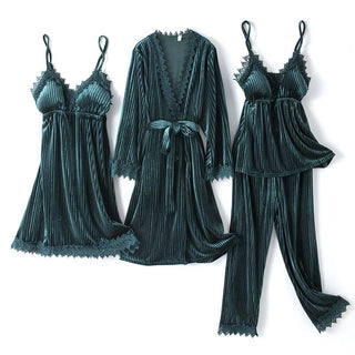 Buy dark-green-a Autumn Winter Velvet Nightwear 4PCS Female Pajamas Set