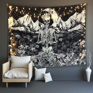 Buy picture-1 Skull Meditation Trippy Tapestry Wall Hanging Home Room Decor Carpet Boho Lil Cat Peep Astrology Hippie Witchcraft Tapiz Mandala