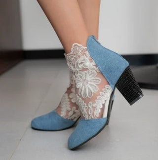 Buy blue 2023 New Fashion Women High Heels Lace Flower Ankle Strap Hollow Out Sandals Round Toe Zip Pumps Zapatos De Mujer