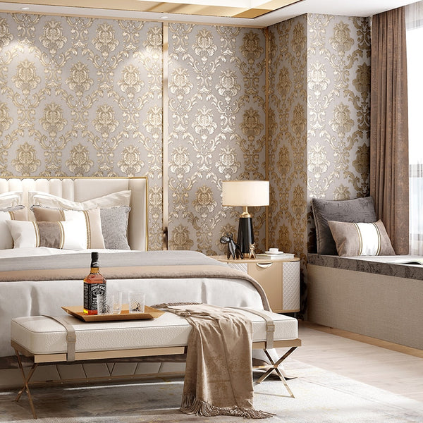 Beige Gold Textured Luxury Classic Damask Wallpaper