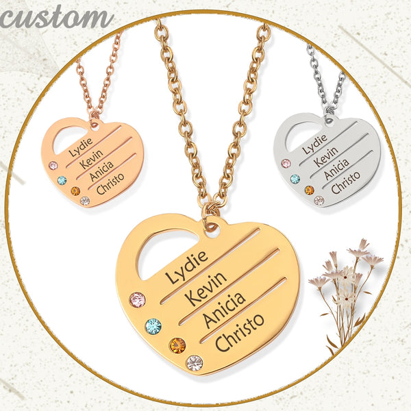 Customized Engraved 4 Names heart shape Pendant necklace Personalized