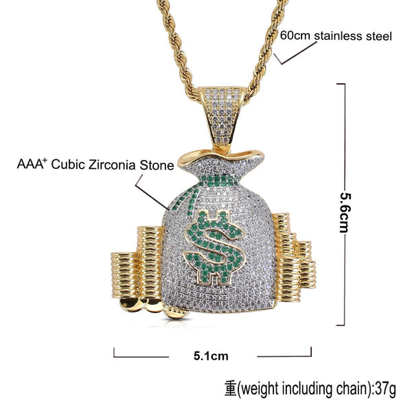 Hip Hop Cubic Zirconia 3 Color Bling Iced Out US Dollar Money Bag
