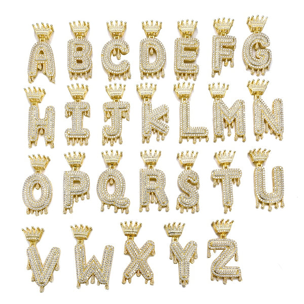 Hip Hop Iced Out Bling Cubic A Z Drip Crown Zircon Letters Necklaces &