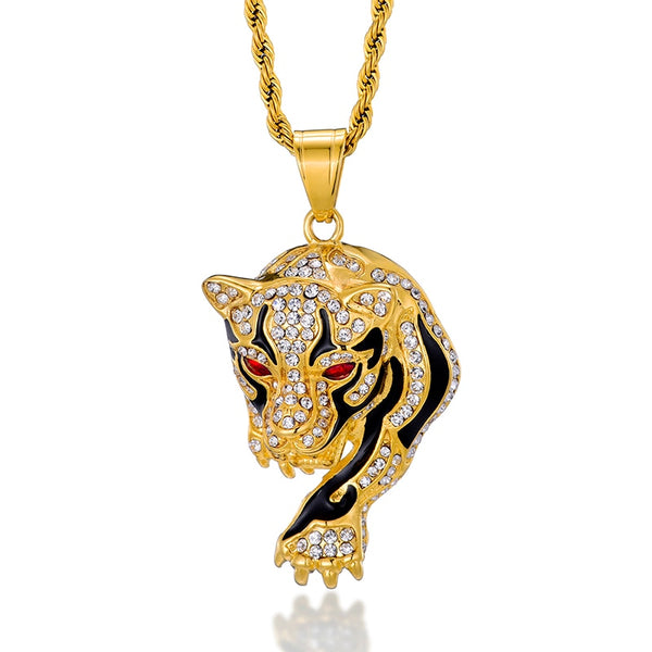 Hip Hop Iced Out Bling Tiger Stainess Steel Gold Color Pendants &