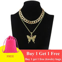 Iced Out Butterfly Necklace Set Cuban Link Chain Choker Necklace Women