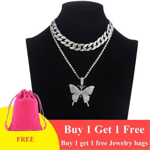 Iced Out Butterfly Necklace Set Cuban Link Chain Choker Necklace Women