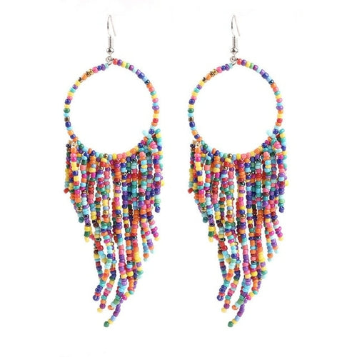 Kymyad Bohemian Multicolor Beads Tassel Earrings For Women Handmade