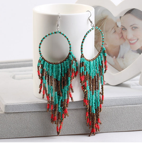 Kymyad Bohemian Multicolor Beads Tassel Earrings For Women Handmade