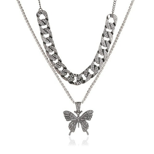 LATS Punk Cuban Double Layer Big Butterfly Pendant Necklace Full