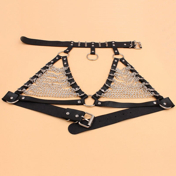 Leather Body Harness Bra Metal Chain Bondage Lingerie Harnesses for