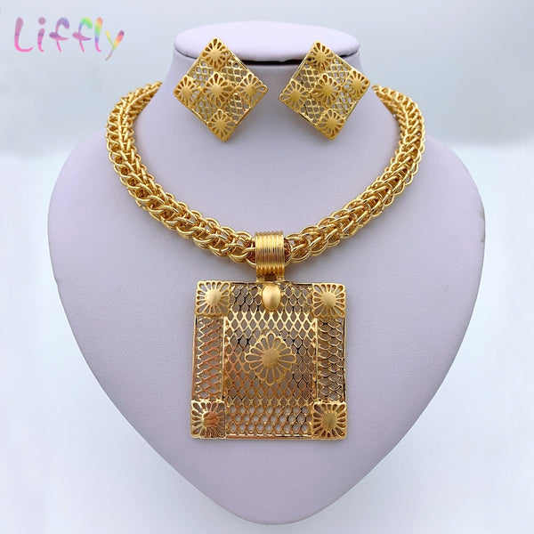 Liffly Dubai Gold Jewelry Sets for Women Big Necklace African Beads