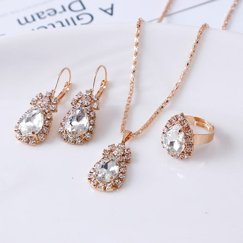 Luxury Water Drop Rhinestone Necklace Earrings Ring Set Shiny Fashion