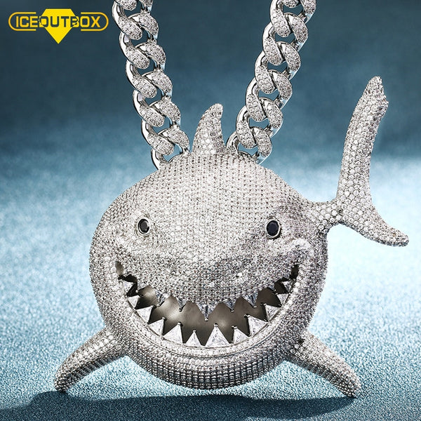 Over Size Iced Out Shark Pendant Necklace Full Of Crystal Bling CZ