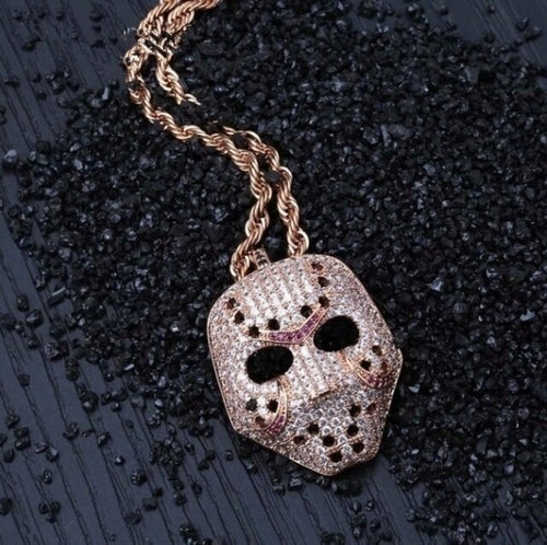 Rhinestone Mask Long Necklace Stainless Steel Pendant Necklace Hip Hop
