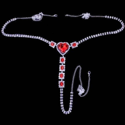 Sexy Body Chain Lingerie Red Crystal Thong Panties Jewelry for Women