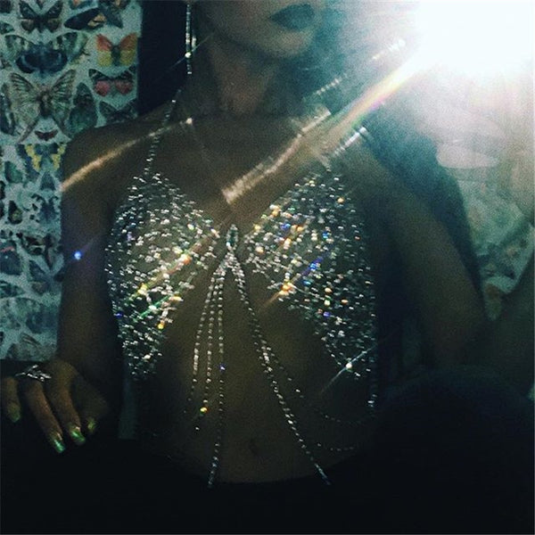 Sexy Crystal Body Jewelry Bra DJ Lady DS Sparkling Rhinestone Copper