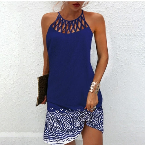 Sexy Mini Print Dress Summer Lady Fashion Casual Loose Hollow Out