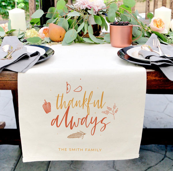 Personalized Family Last Name Thankful Always Canvas Table Runner