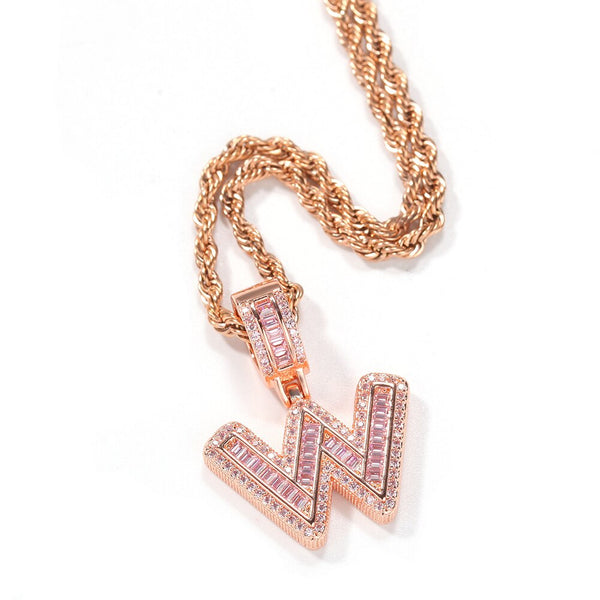 Uwin Cutsom Pink Baguette Letters Small Name Necklaces&Pendant Cubic