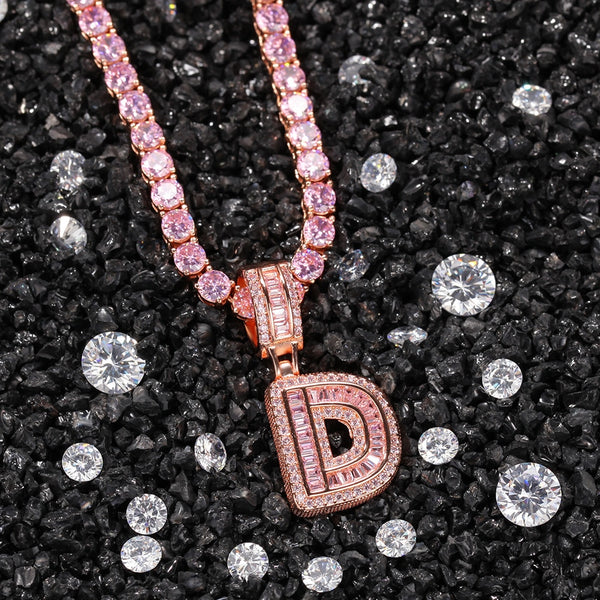 Uwin Cutsom Pink Baguette Letters Small Name Necklaces&Pendant Cubic