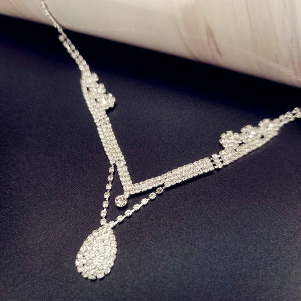 Wedding Jewelry Set Water Drop Long Pendant Full Crystal Silver Plated