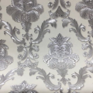 White and Silver Damask Pattern Vinyl Wallpaper For Living Room Home