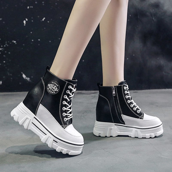 Autumn Thick Sole Leather Platform Sneakers