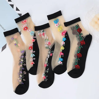 Buy b 5 Pairs/Lot Women&#39;s Crystal Cotton Ice Socks Summer Short Thin Glass Socks Cool Breathable Comfortable Flower Embroidered Socks