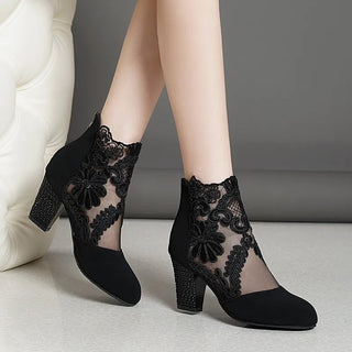 2023 New Fashion Women High Heels Lace Flower Ankle Strap Hollow Out Sandals Round Toe Zip Pumps Zapatos De Mujer