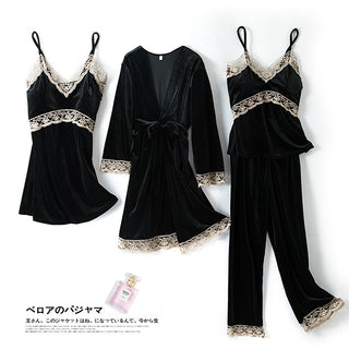 Buy black-b Autumn Winter Velvet Nightwear 4PCS Female Pajamas Set